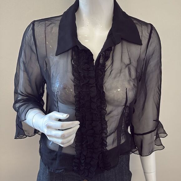 Vintage Bisou Bisou Sheer Black Ruffle Front Button Down Blouse 3/4 Bell Sleeves - Picture 1 of 6